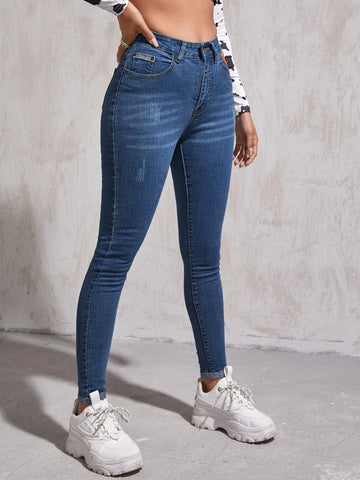 High Waist Patch Detail Skinny Jeans