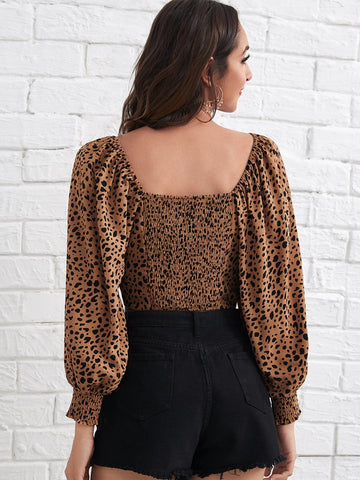 EMERY ROSE Lantern Sleeve Shirred Back Dalmatian Print Crop Top