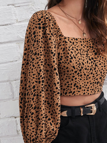 EMERY ROSE Lantern Sleeve Shirred Back Dalmatian Print Crop Top