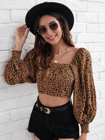 EMERY ROSE Lantern Sleeve Shirred Back Dalmatian Print Crop Top
