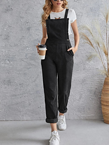 Frill Trim Pocket Front Cord Overalls
