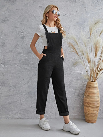 Frill Trim Pocket Front Cord Overalls