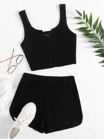 EZwear Notch Neck Rib-knit Tank Top & Shorts Set