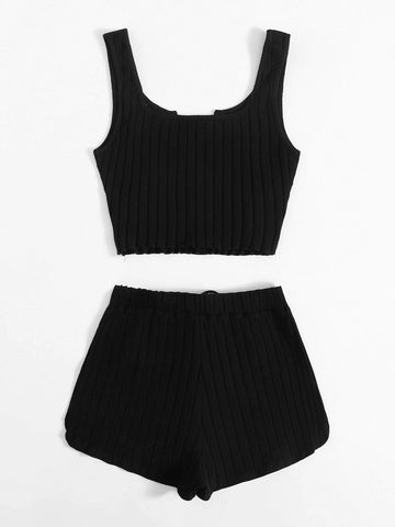 EZwear Notch Neck Rib-knit Tank Top & Shorts Set
