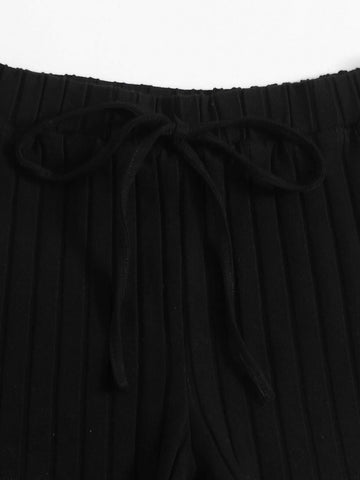 EZwear Notch Neck Rib-knit Tank Top & Shorts Set