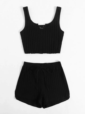 EZwear Notch Neck Rib-knit Tank Top & Shorts Set