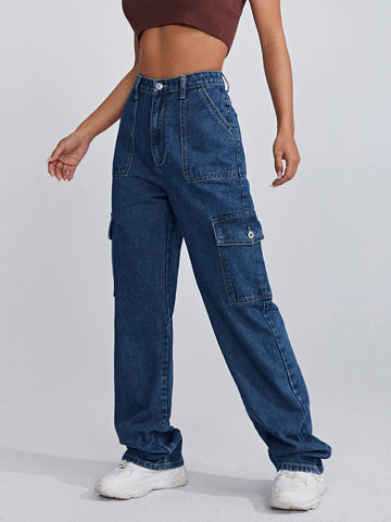 High Waist Flap Pocket Side Jeans