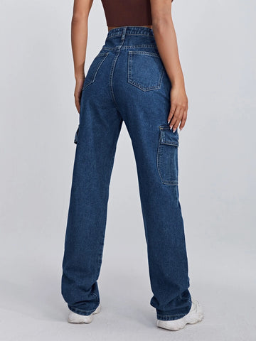 High Waist Flap Pocket Side Jeans