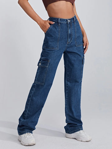 High Waist Flap Pocket Side Jeans