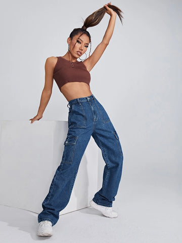 High Waist Flap Pocket Side Jeans