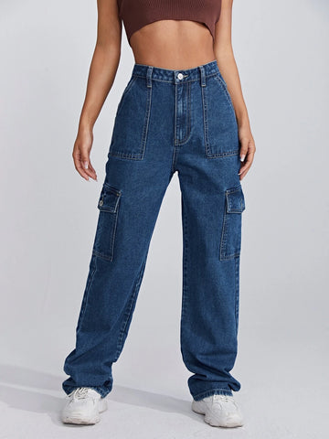 High Waist Flap Pocket Side Jeans