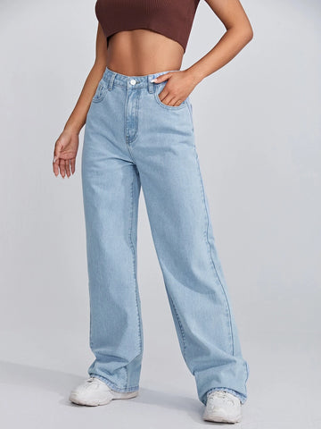 High Waisted Raw Hem Light Wash Wide Leg Jeans