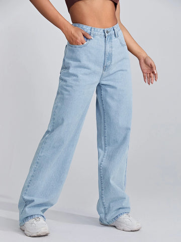 High Waisted Raw Hem Light Wash Wide Leg Jeans