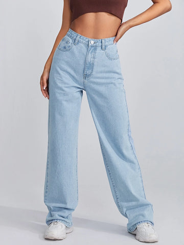 High Waisted Raw Hem Light Wash Wide Leg Jeans