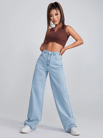 High Waisted Raw Hem Light Wash Wide Leg Jeans