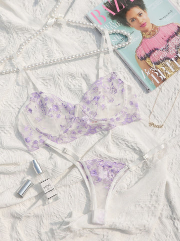 Embroidered Mesh Underwire Lingerie Set