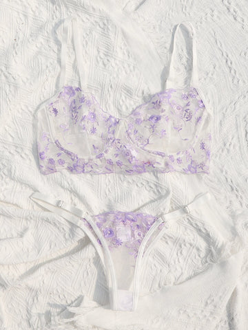 Embroidered Mesh Underwire Lingerie Set