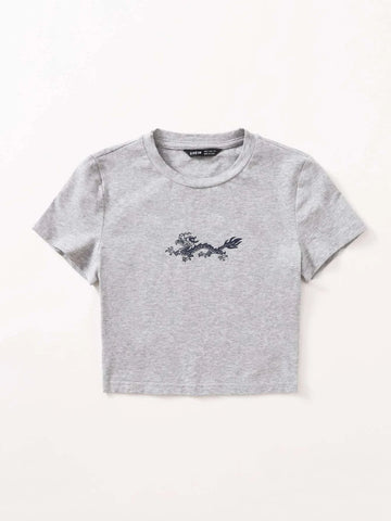 EZwear Chinese Dragon Print Crop Tee