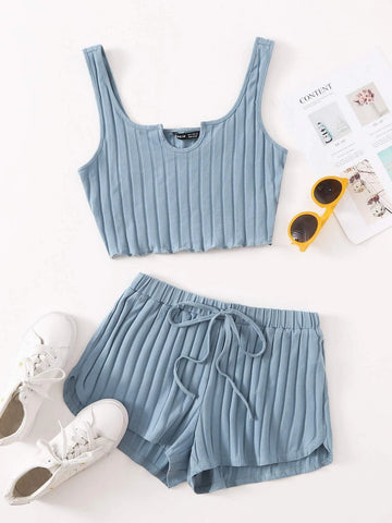 EZwear Notch Neck Rib-knit Tank Top & Shorts Set