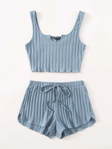 EZwear Notch Neck Rib-knit Tank Top & Shorts Set