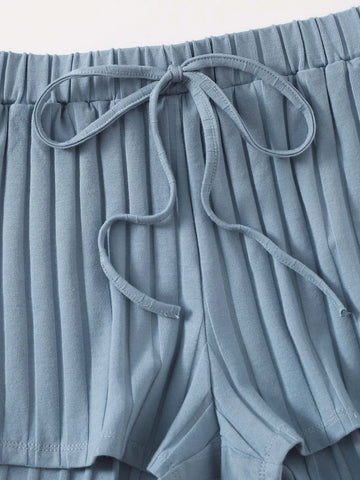 EZwear Notch Neck Rib-knit Tank Top & Shorts Set