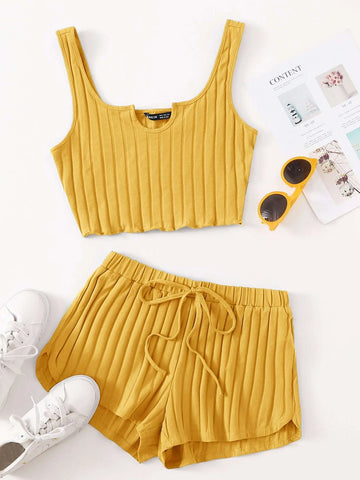 EZwear Notch Neck Rib-knit Tank Top & Shorts Set