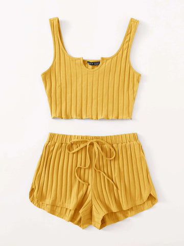 EZwear Notch Neck Rib-knit Tank Top & Shorts Set