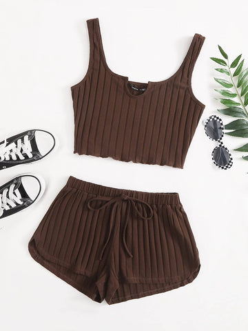 EZwear Notch Neck Rib-knit Tank Top & Shorts Set