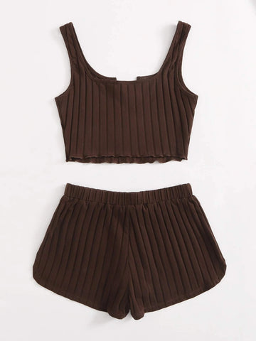 EZwear Notch Neck Rib-knit Tank Top & Shorts Set