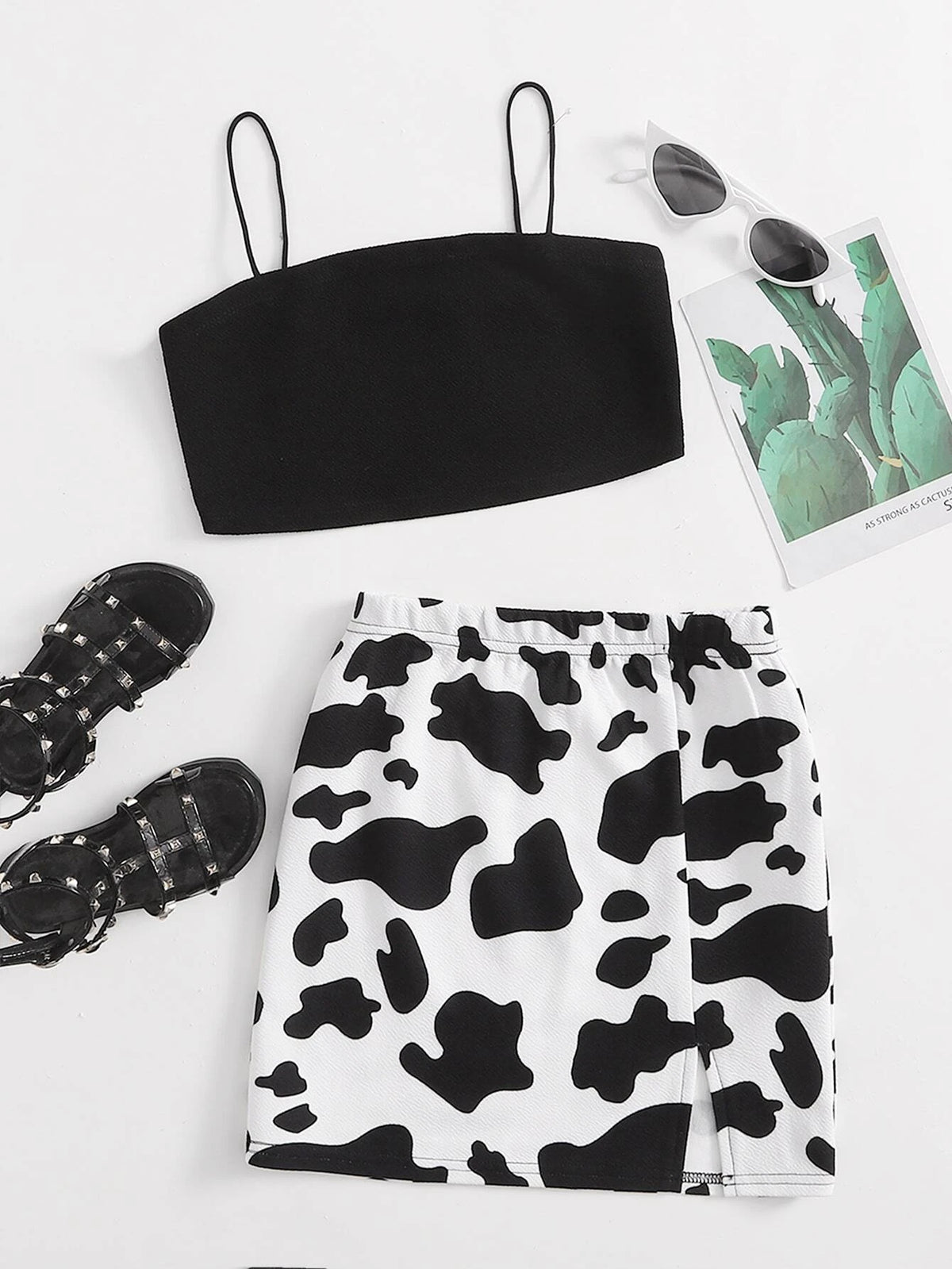Girls Solid Cami Top & Split Hem Cow Print Skirt Set