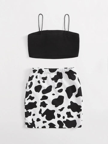 Girls Solid Cami Top & Split Hem Cow Print Skirt Set