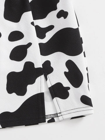 Girls Solid Cami Top & Split Hem Cow Print Skirt Set