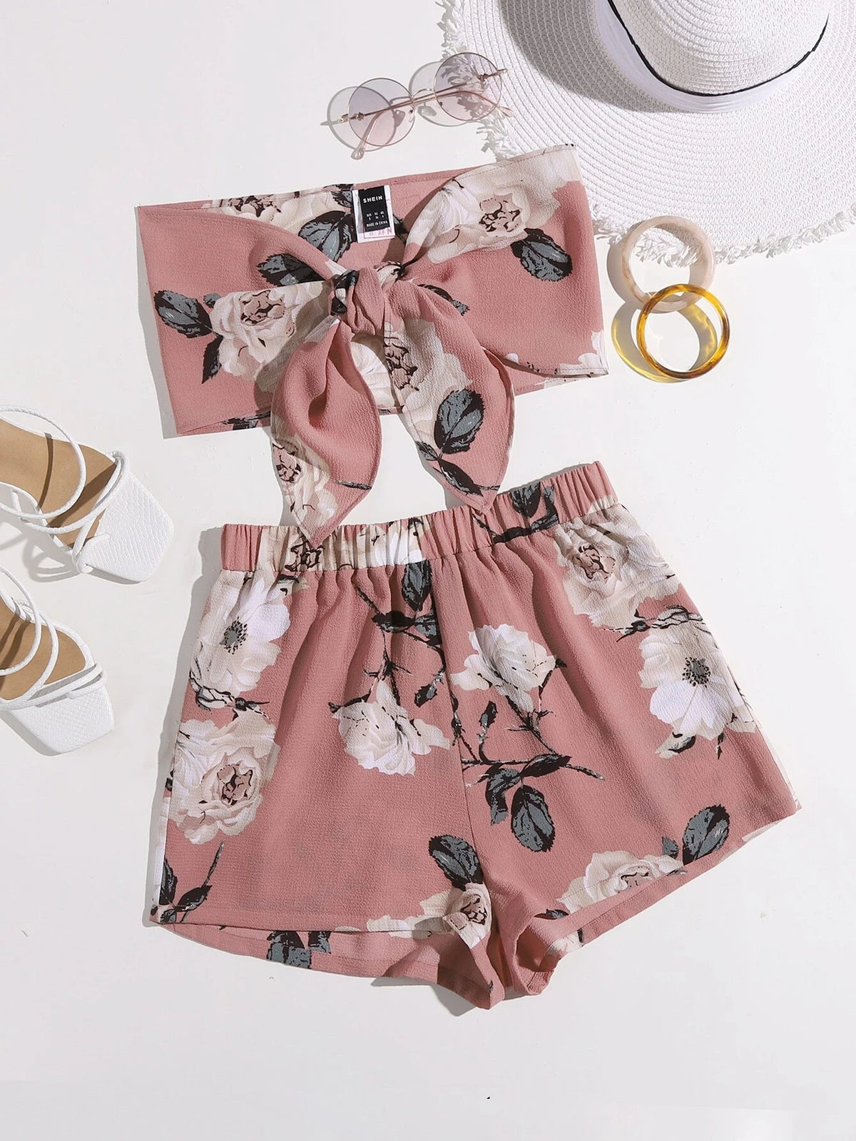 VCAY Floral Tie Front Tube Top & Shorts Set