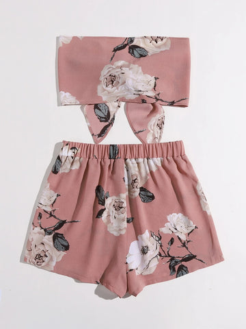 VCAY Floral Tie Front Tube Top & Shorts Set