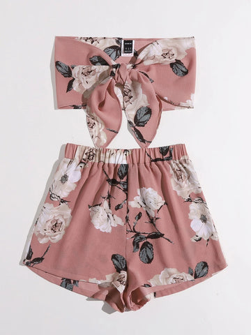 VCAY Floral Tie Front Tube Top & Shorts Set