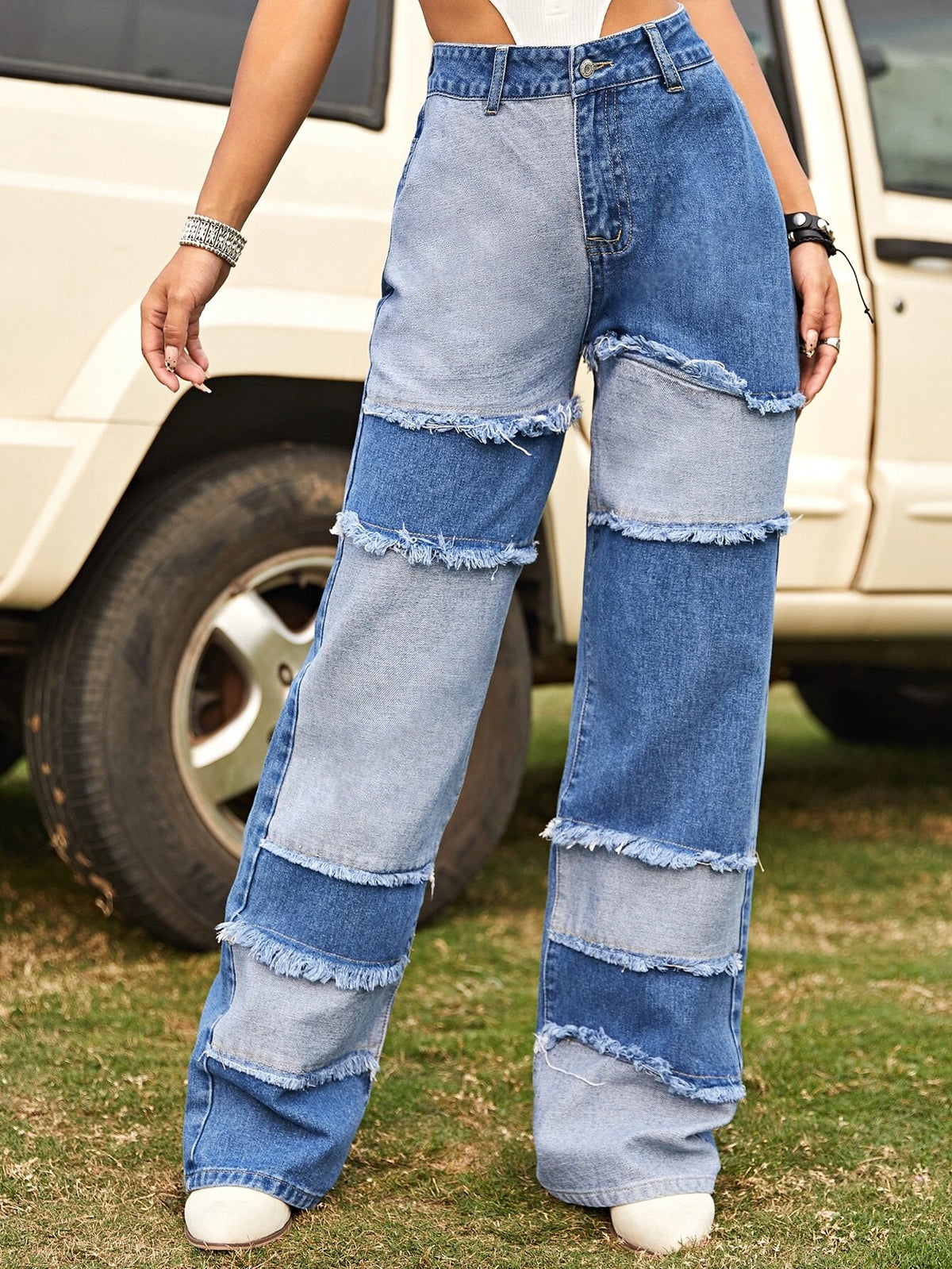 High Waist Patched Fringe Detail Jeans