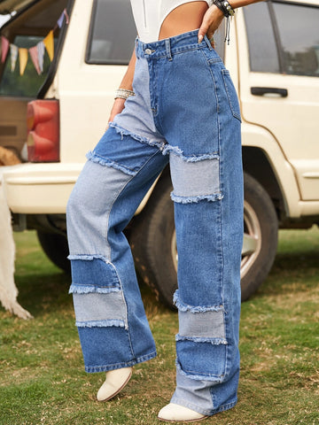 High Waist Patched Fringe Detail Jeans