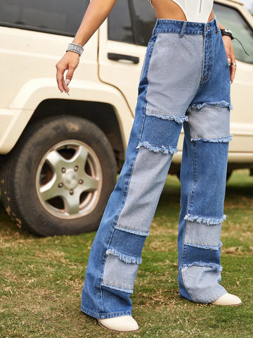 High Waist Patched Fringe Detail Jeans
