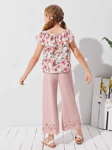 Girls Foldover Front Floral Schiffy Top & Laser Cut Pants Set