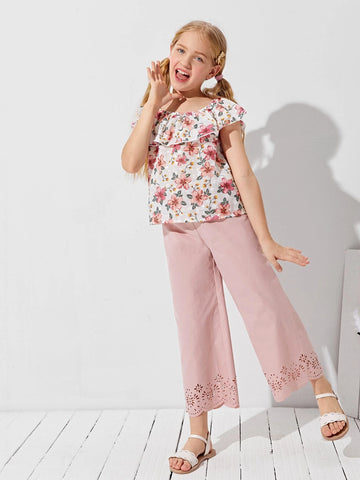 Girls Foldover Front Floral Schiffy Top & Laser Cut Pants Set