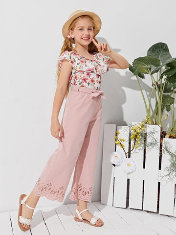 Girls Foldover Front Floral Schiffy Top & Laser Cut Pants Set