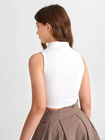 Teen Girls Button Half Placket Rib-knit Crop Tank Top