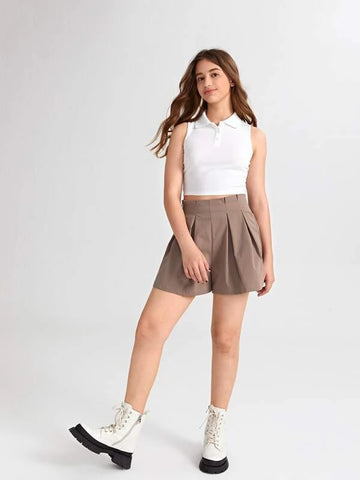 Teen Girls Button Half Placket Rib-knit Crop Tank Top