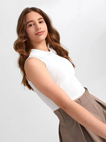 Teen Girls Button Half Placket Rib-knit Crop Tank Top