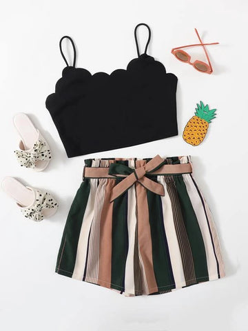 Teen Girls Scallop Edge Cami Top & Self Belted Striped Shorts Set