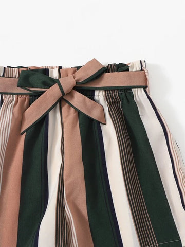 Teen Girls Scallop Edge Cami Top & Self Belted Striped Shorts Set