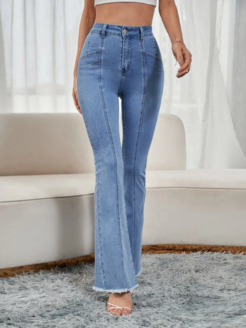 Raw Hem Paneled Flare Leg Jeans