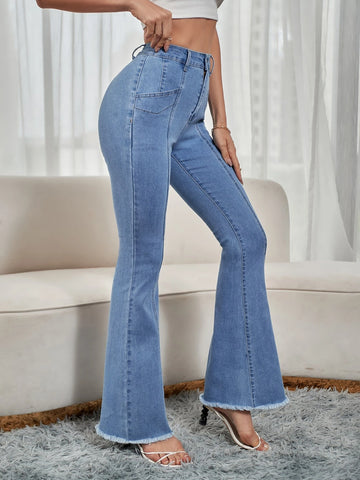 Raw Hem Paneled Flare Leg Jeans