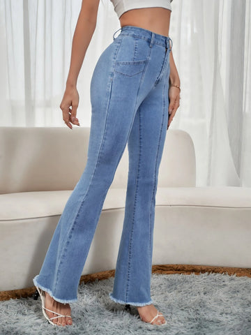 Raw Hem Paneled Flare Leg Jeans