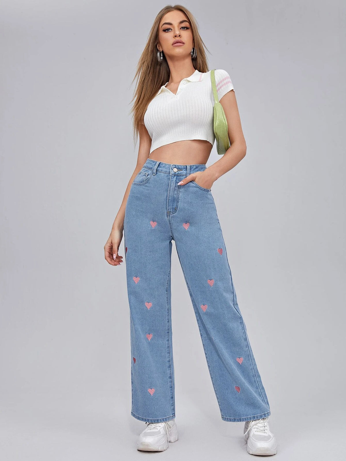 Zipper Fly Embroidery Heart Wide Leg Jeans